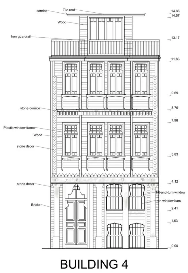Relevé de façade du Köşk, bâtiment 4, dessin au trait - Istanbul / Arnavutköy